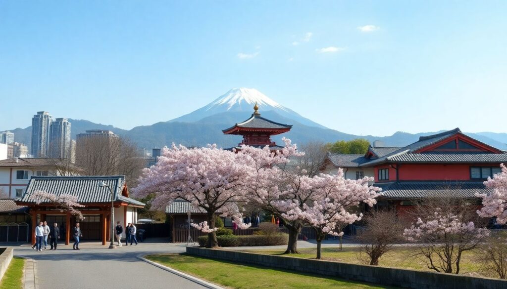 Путешествие в Японию в сезон цветения сакуры - иллюстрация