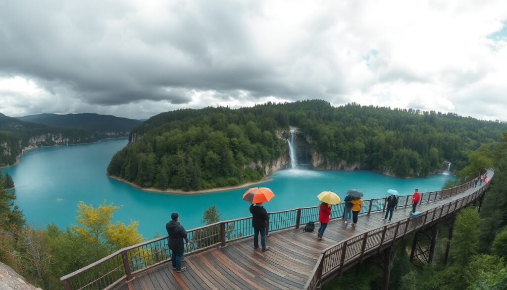 Путешествие по национальному парку Плитвицкие озера в Хорватии - иллюстрация